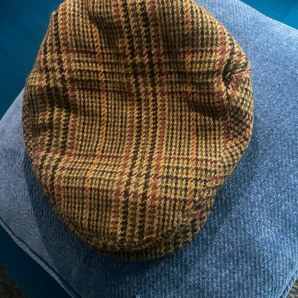 Brixton Checkered Wool Beret in Brown and Yellow
